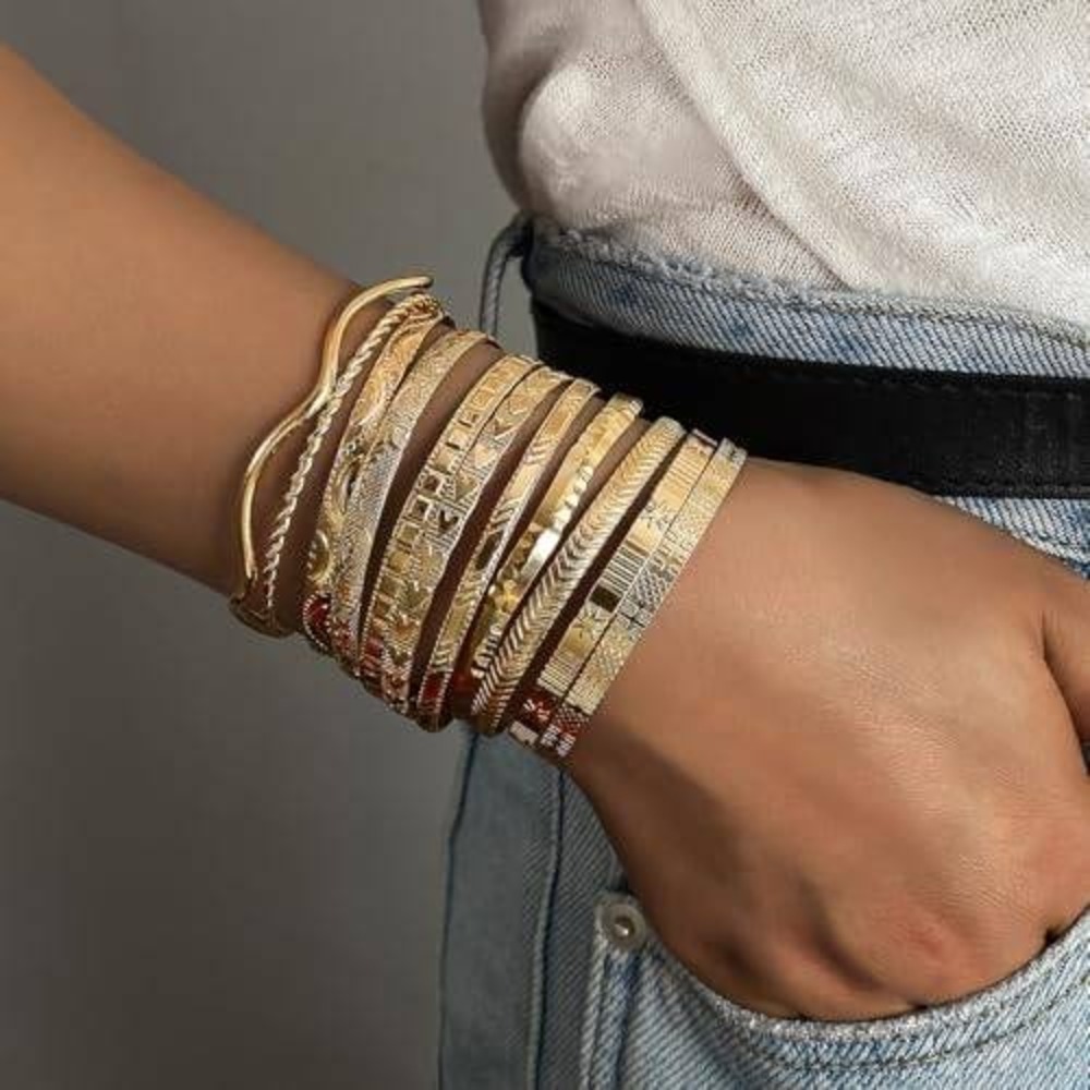 10pc Gold Bangle Bracelet Set Textured Geometric Stackable Boho Cuff Jewelry